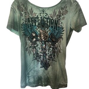 Affliction 2000’s Small Women's Teal and Black Graphic Tee